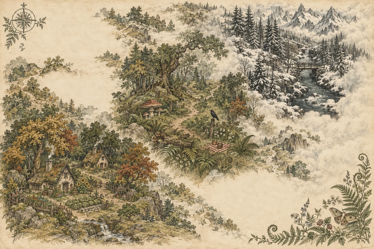 An illustrated atlas: cottage gardens in Foxwood, winding green woods, and snow-covered pines and a timber bridge in Hushpine. The farther country fades into mist.