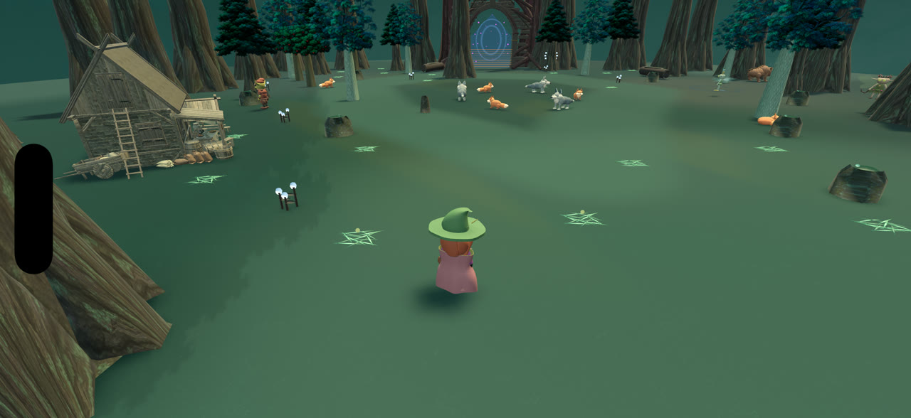 Development gameplay: a witch and raccoon beside a woodland cottage.