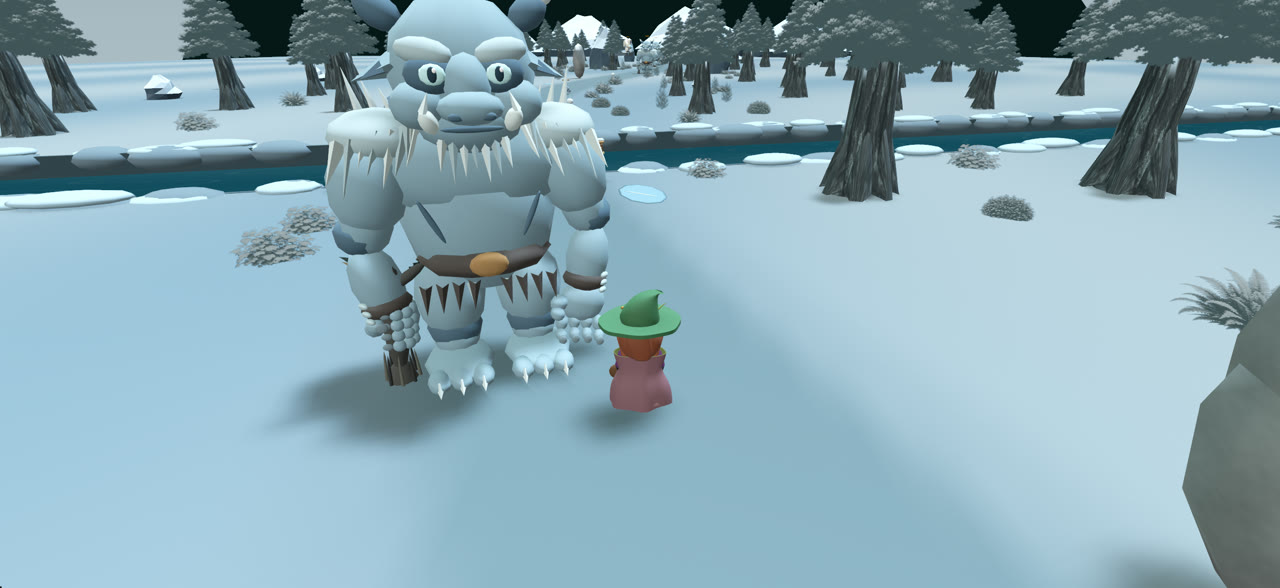 Development gameplay: the witch beside Hushpine’s timber bridge in a snowy forest.