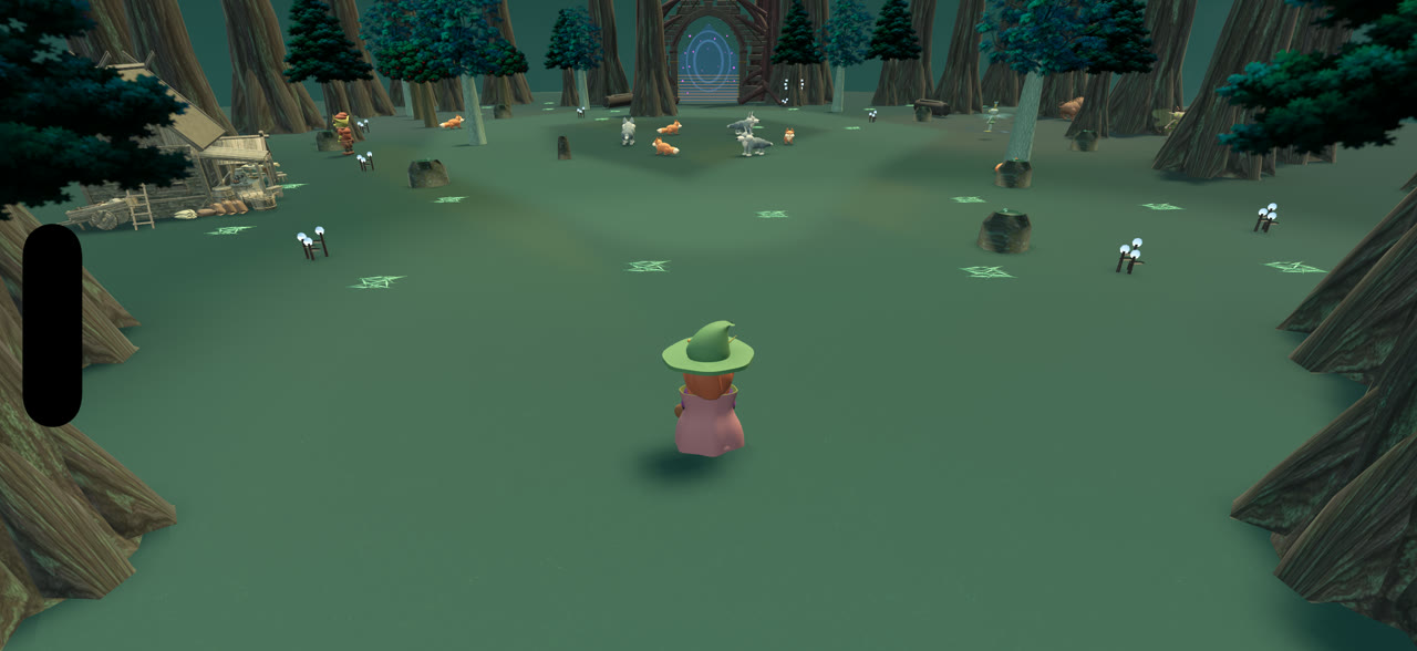 Development gameplay: a winding path among trees and bright woodland mushrooms.