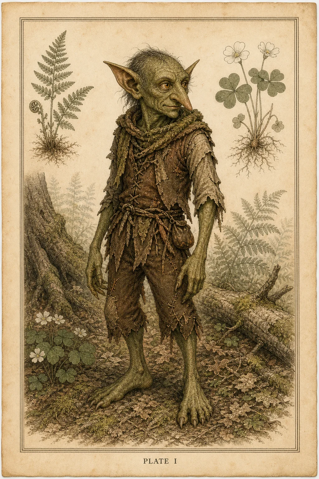 Hand-coloured natural-history study of a woodland goblin among plants and fungi.