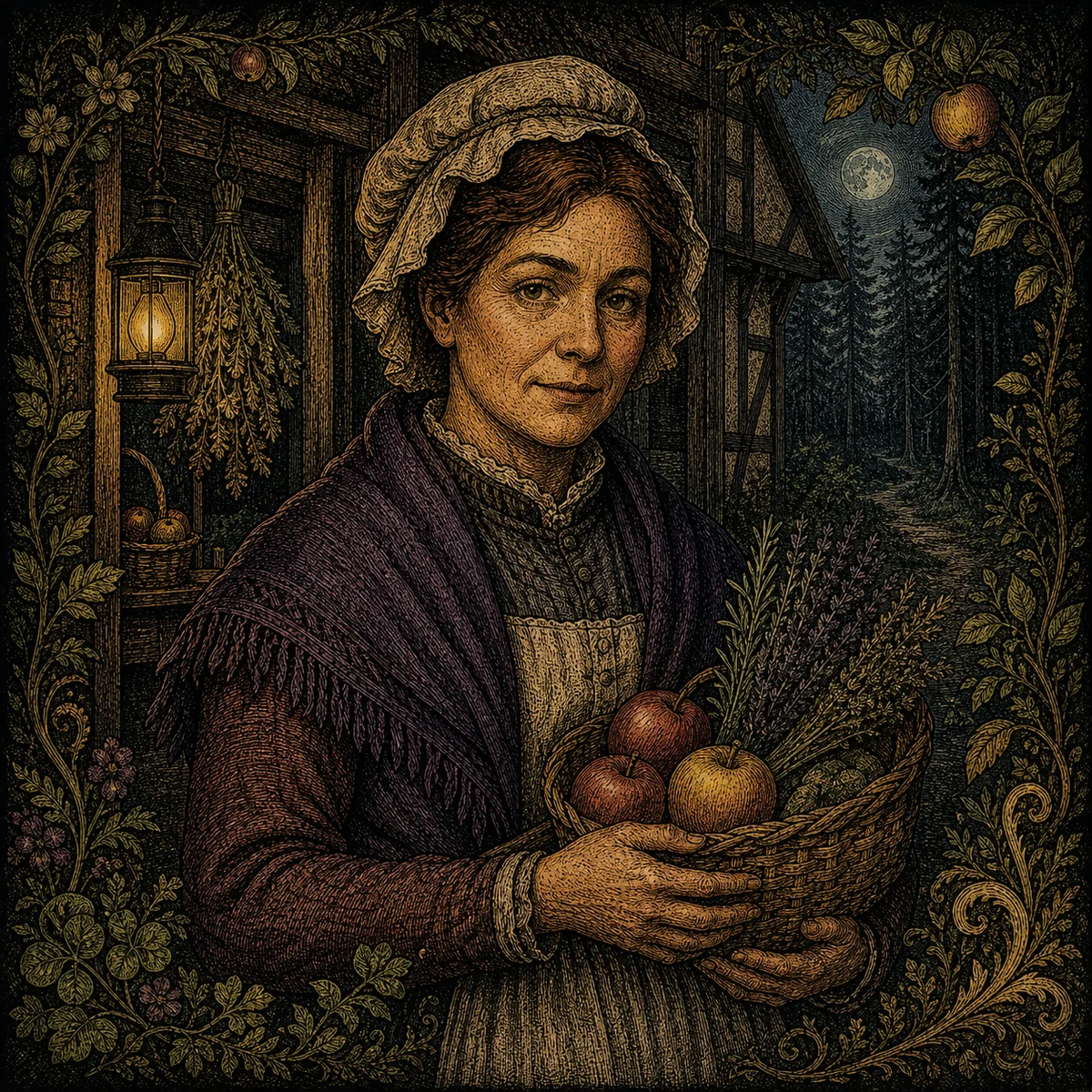 Storybook portrait of Hester Rowan, a woodland merchant, surrounded by provisions.