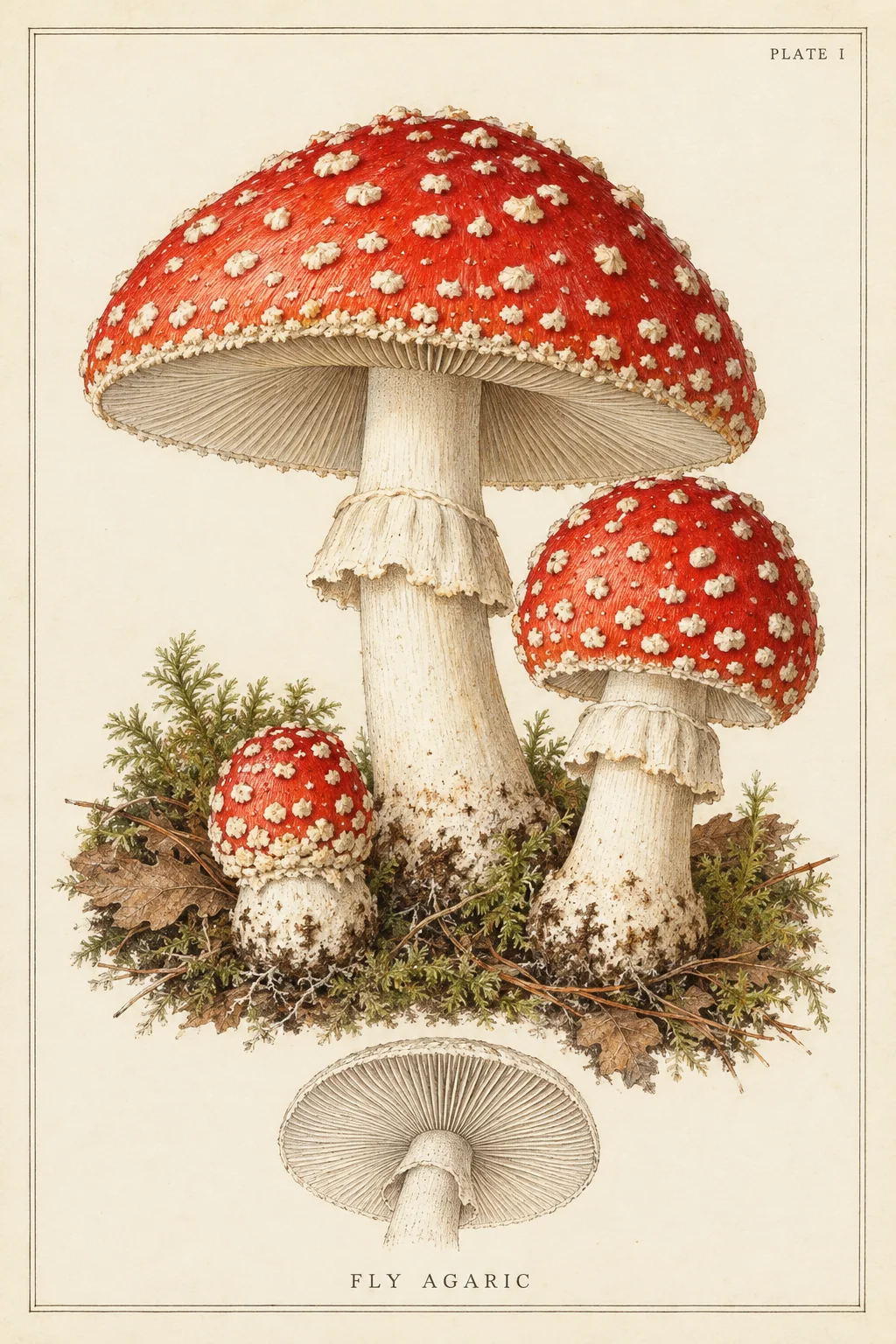 Victorian botanical illustration of woodland mushrooms, with detailed studies of their caps and stems.